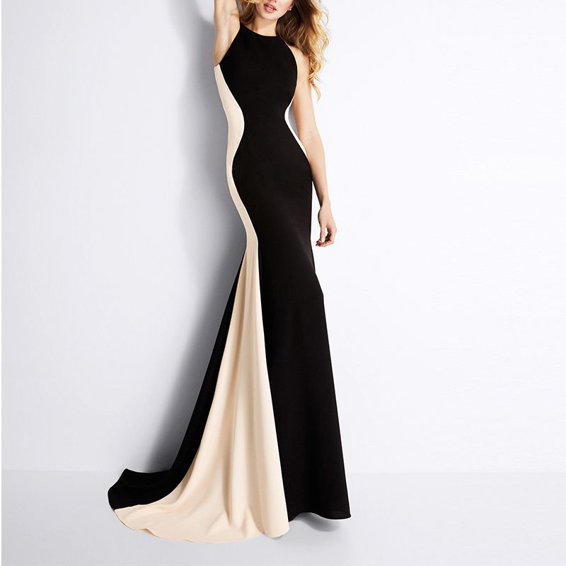 Sheath Dress Elegant Round Neck Backless Color Block Maxi Long Dress Business