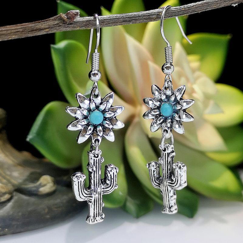 Wholesale Jewelry 1 Pair Ethnic Style Cactus Flower Metal Turquoise Silver Plated Drop Earrings