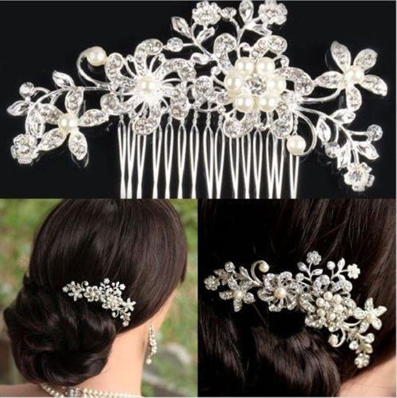 Bridal Crown Flower Alloy Plating Hollow Out Inlay Rhinestones Pearl Insert Comb 1 Piece