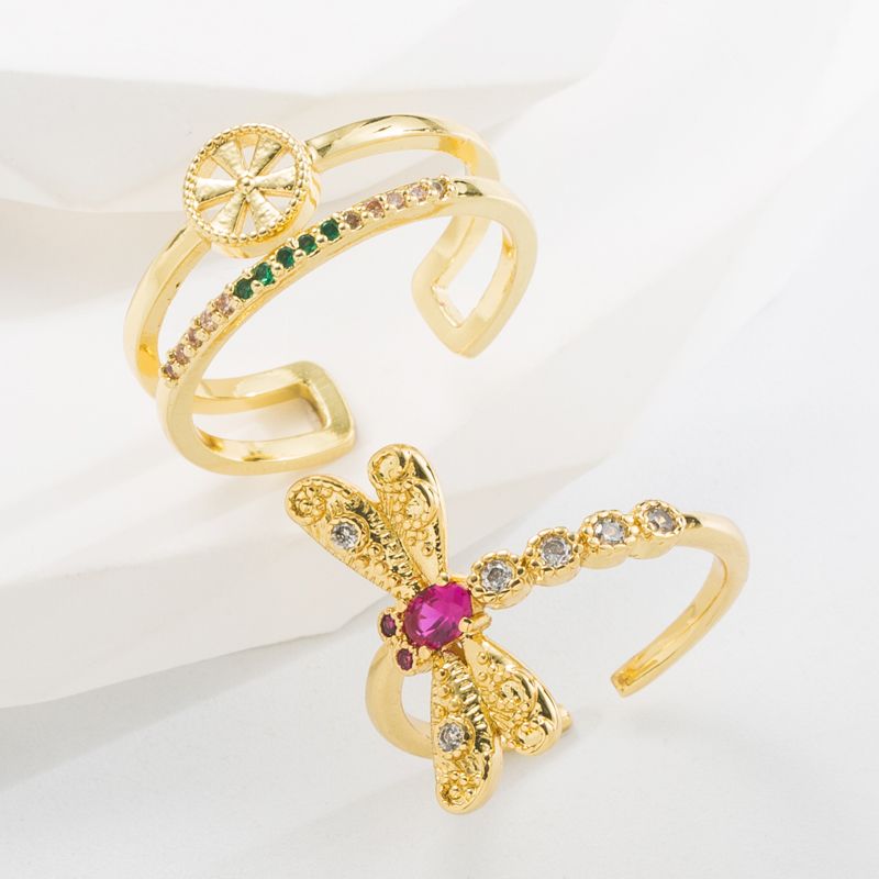 Baroque Style Dragonfly Copper Plating Inlay Zircon Gold Plated Open Ring