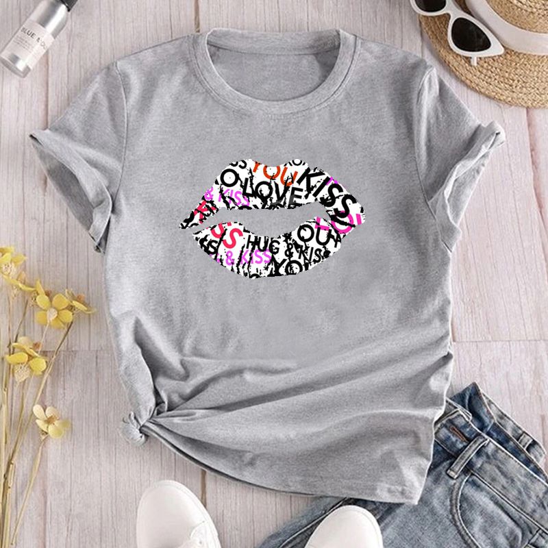 Casual Mouth Letter Polyester Round Neck Short Sleeve Regular Sleeve Printing T-shirt