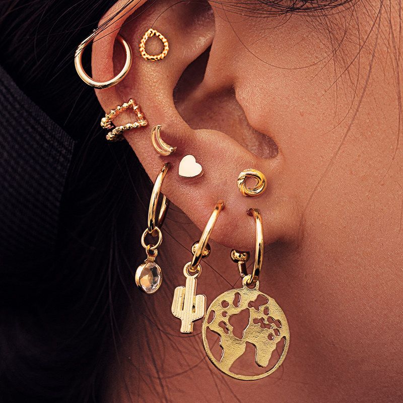 1 Set Original Design Moon Heart Shape Alloy Plating Hollow Out Inlay Artificial Rhinestones Women's Earrings Ear Studs