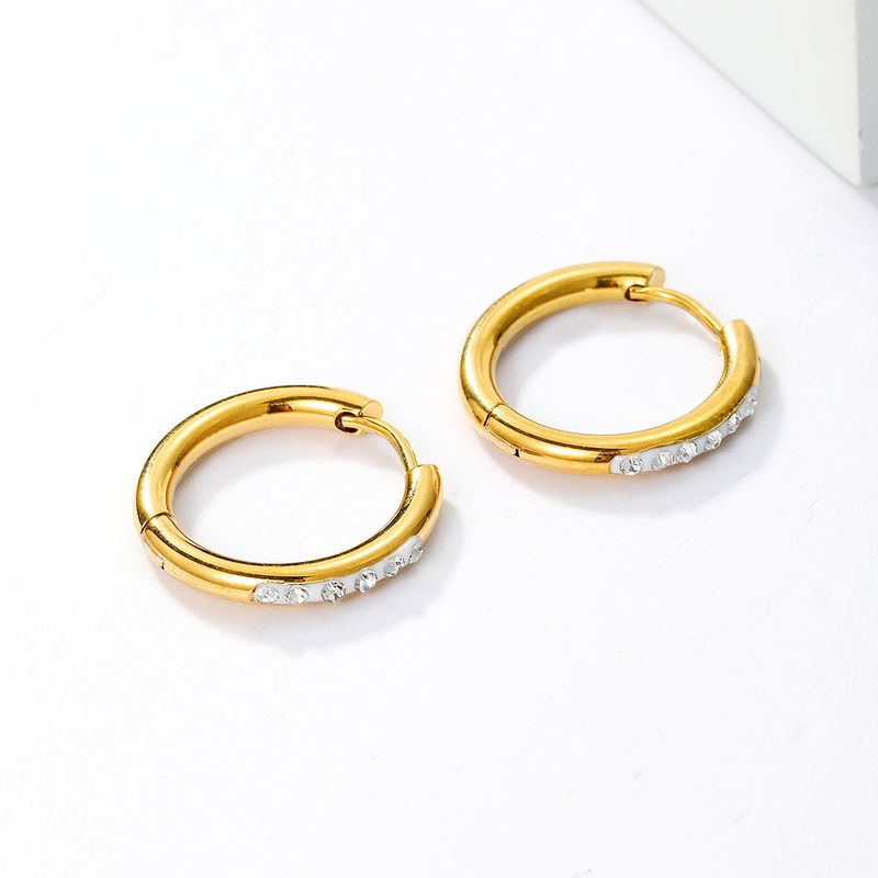 1 Pair Cool Style Circle Plating Inlay Stainless Steel Rhinestones 18K Gold Plated Hoop Earrings