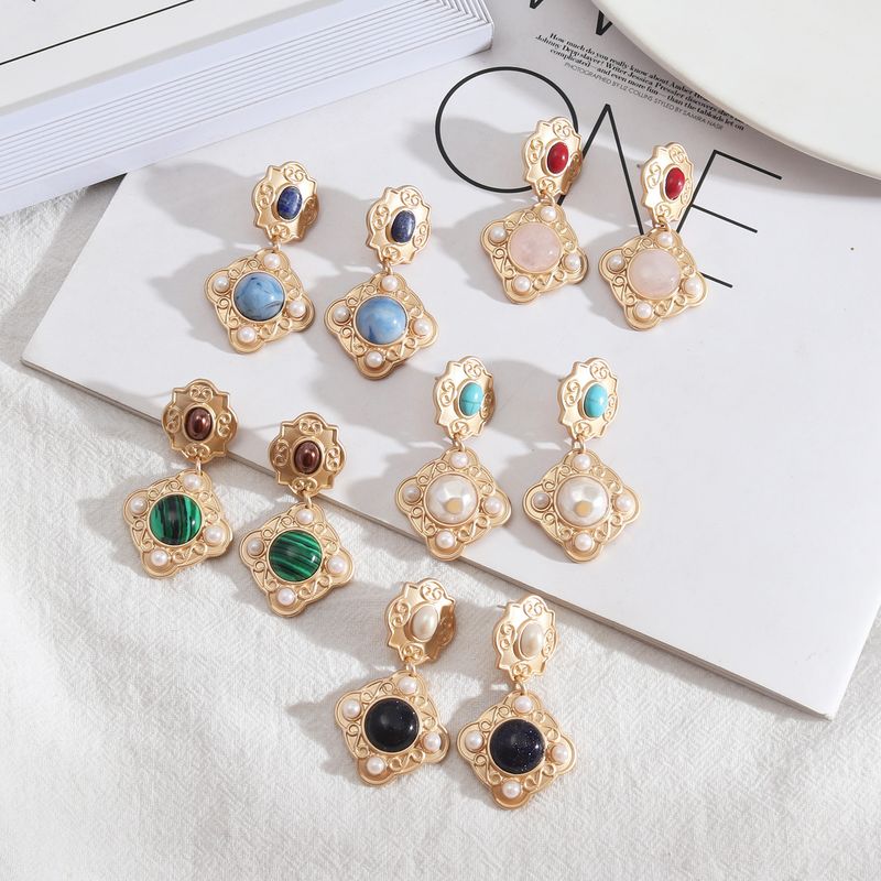 1 Pair Ethnic Style Square Alloy Inlay Artificial Pearls Malachite Women's Earrings