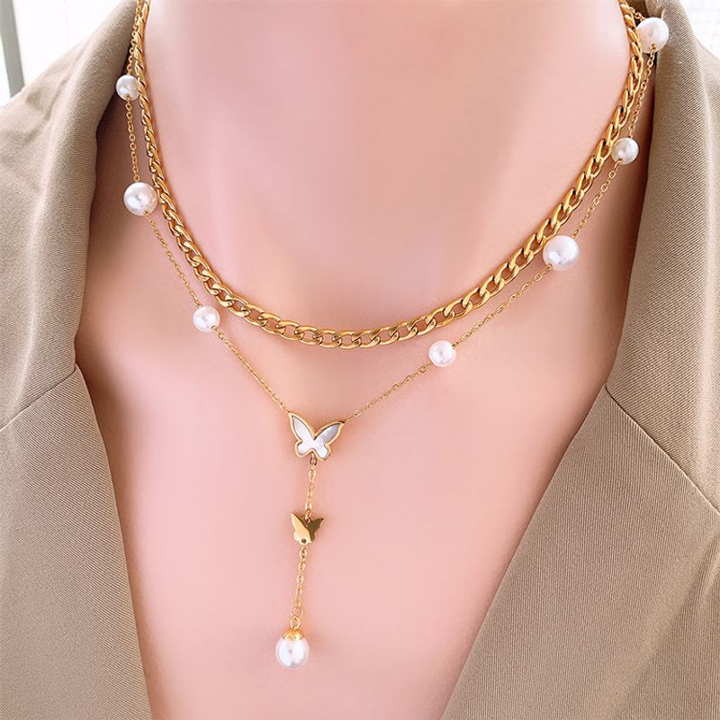 Simple Style Butterfly 304 Stainless Steel Plating Inlay Artificial Pearls Shell 18K Gold Plated Women'S Layered Necklaces