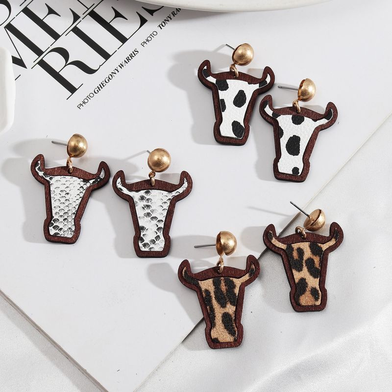 1 Pair Hip-hop Bull Head Leopard Pu Leather Wood Women's Drop Earrings