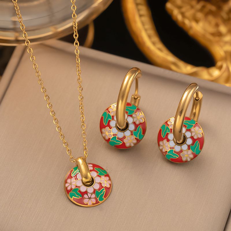 304 Stainless Steel 18K Gold Plated Retro Enamel Plating Round Flower Earrings Necklace