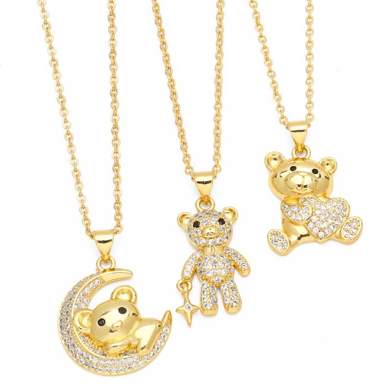 1 Piece Cute Little Bear Copper Plating Inlay Zircon 18k Gold Plated Pendant Necklace