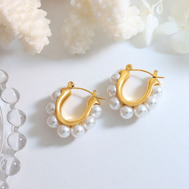 Wholesale 1 Pair Vacation Roman Style U Shape Titanium Steel 18k Gold Plated Pearl Hoop Earrings