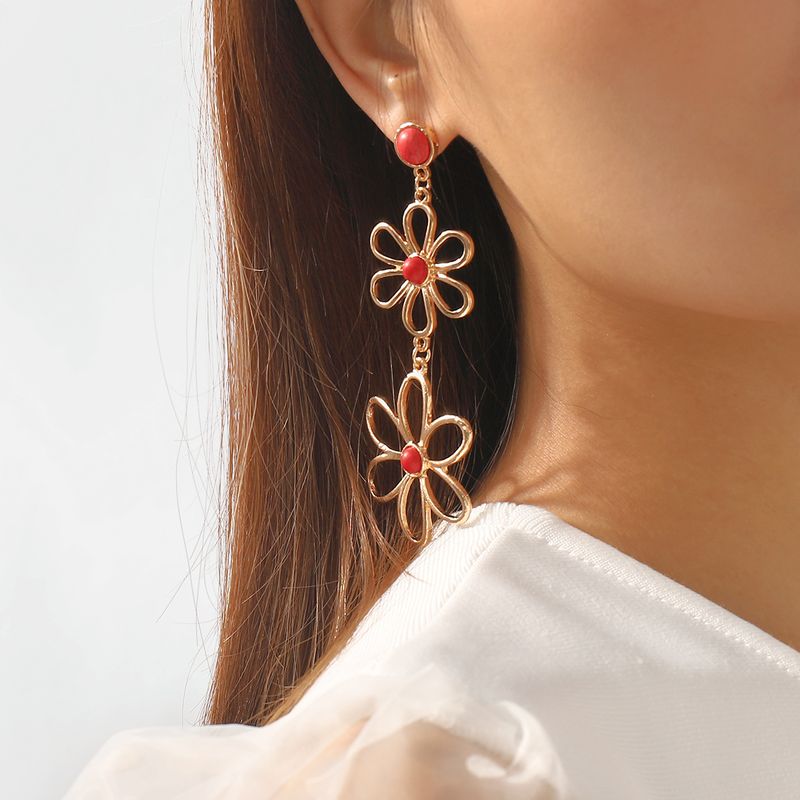 Wholesale Jewelry 1 Pair Simple Style Flower Metal Turquoise Drop Earrings