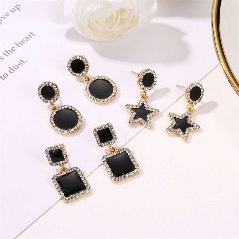 Wholesale Jewelry 1 Pair Simple Style Pentagram Round Square Alloy Artificial Diamond Gold Plated Drop Earrings Ear Studs