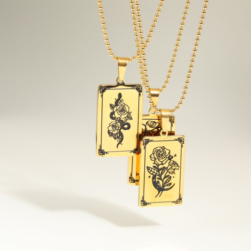 Vintage Style Commute Square Moon Flower Stainless Steel Enamel Plating Carving 18k Gold Plated Pendant Necklace