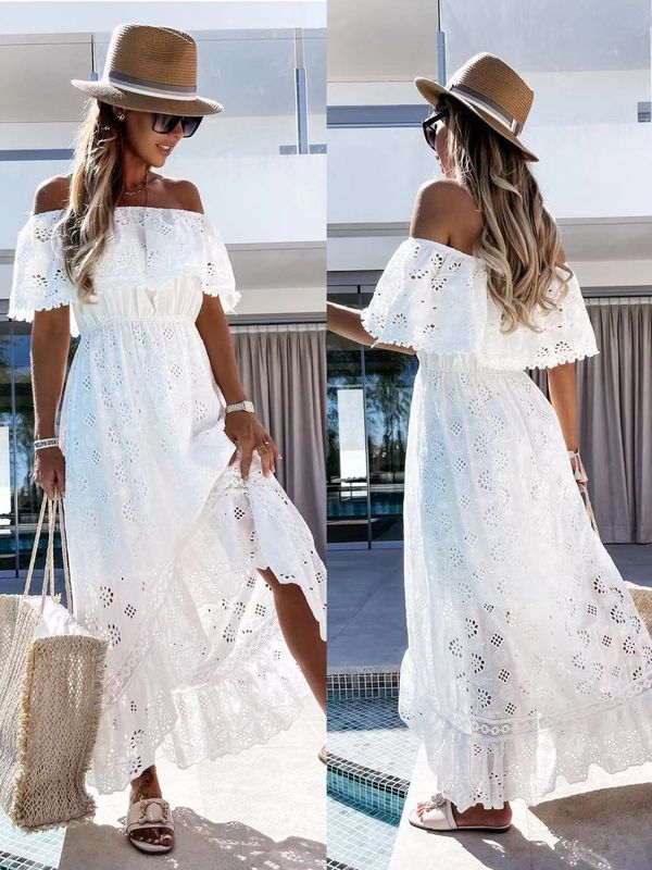 Women's Princess Dress Simple Style Boat Neck Embroidery Sleeveless Solid Color Maxi Long Dress Street