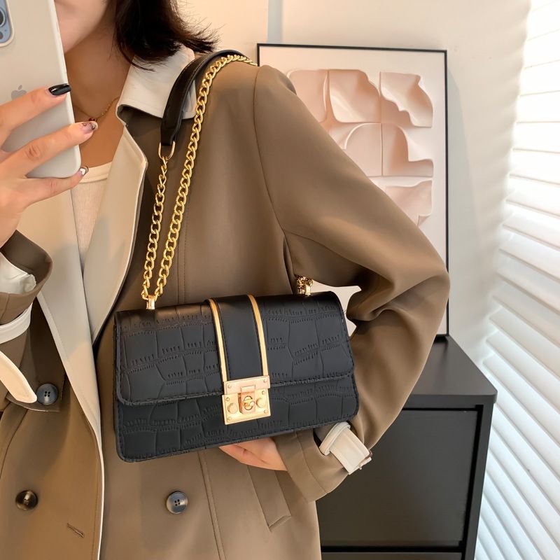 Frau Pu-leder Einfarbig Vintage-stil Quadrat Magnetschnalle Schultertasche Quadratische Tasche Kettentasche