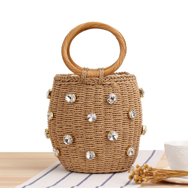 Women's Small Spring&summer Straw Solid Color Vacation Bucket String Straw Bag