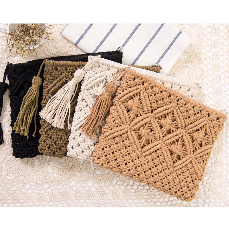 Women's Medium Cotton Rope Solid Color Vintage Style Square Zipper Crossbody Bag Straw Bag