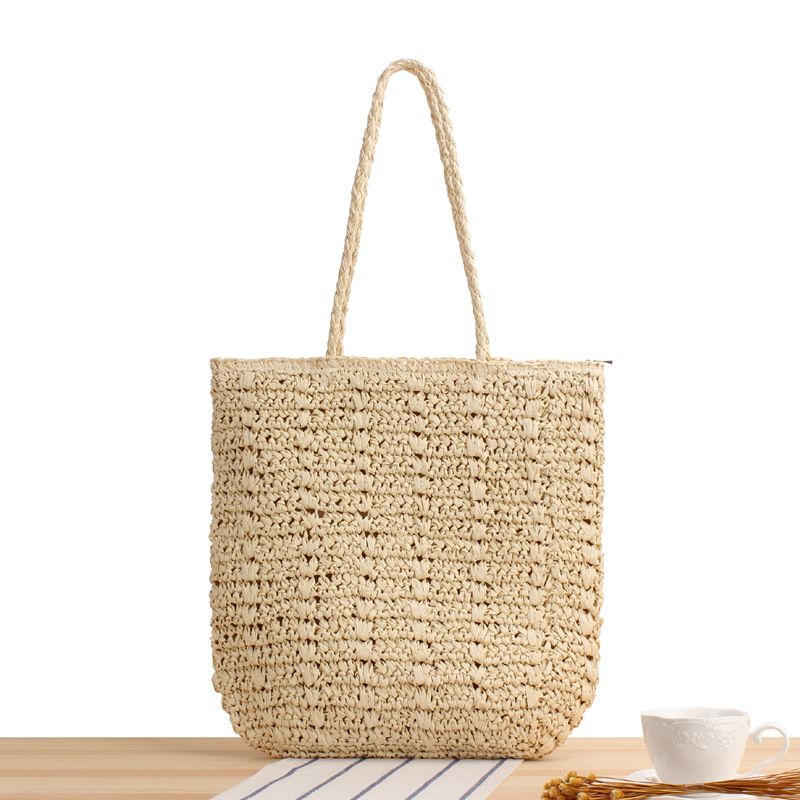 Women's Large Spring&summer Straw Solid Color Vacation Square Zipper Straw Bag