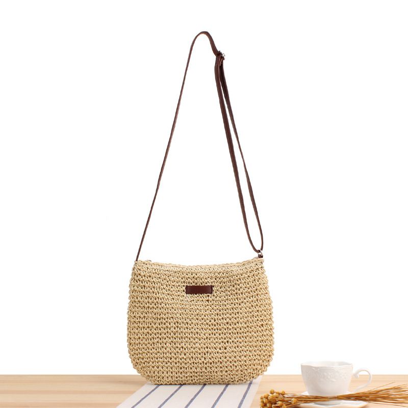 Women's Small Spring&summer Straw Solid Color Vacation Square Zipper Straw Bag