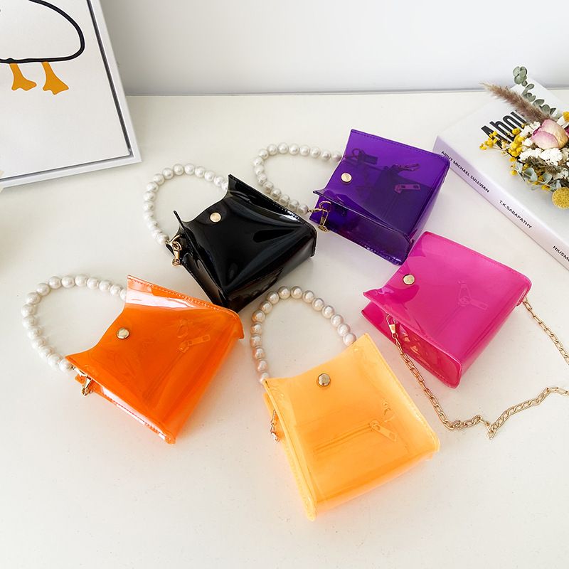 Women's Small Pvc Solid Color Cute Pearls Transparent Square Magnetic Buckle Crossbody Bag