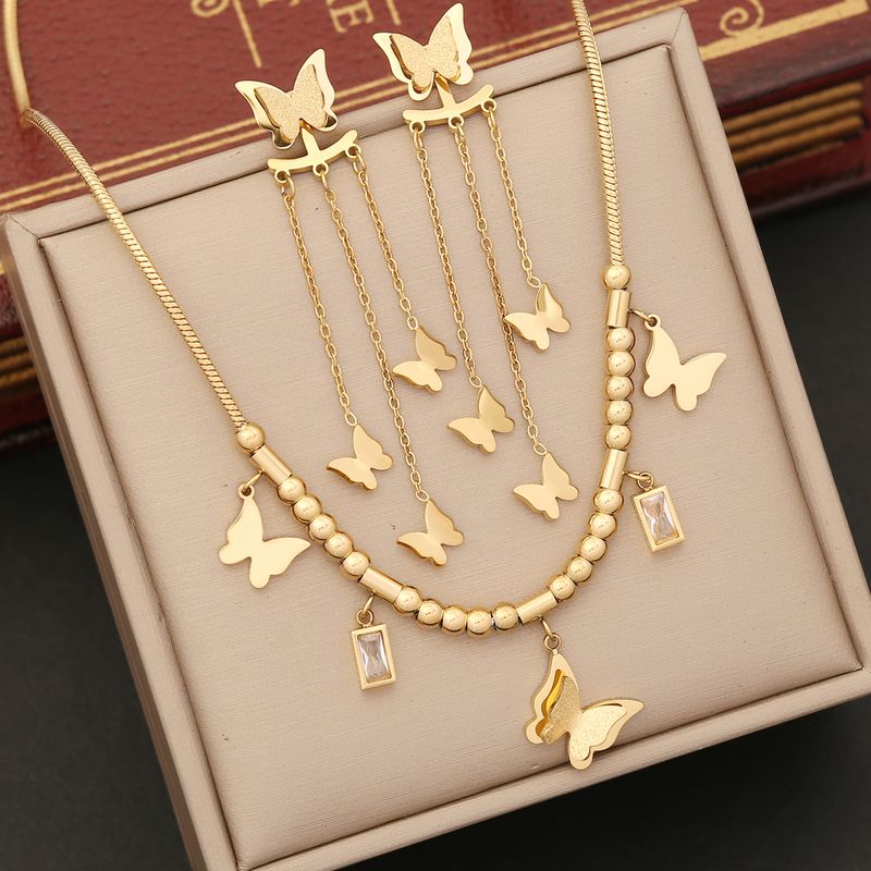 Acero Inoxidable Chapados en oro de 18k Elegante Enchapado Embutido Mariposa Diamante Artificial Pulsera Aretes Collar