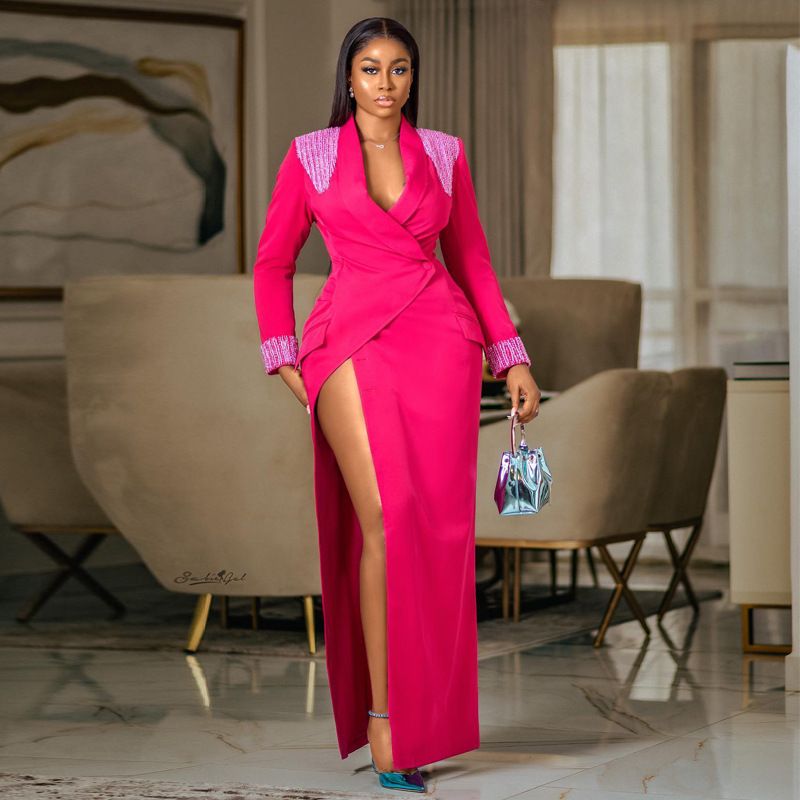 Women's Slit Dress Fashion Turndown Patchwork Long Sleeve Solid Color Maxi Long Dress Banquet
