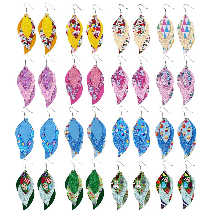 1 Pair Fashion Rabbit Leaf Pu Leather Sequins Easter Women's Drop Earrings