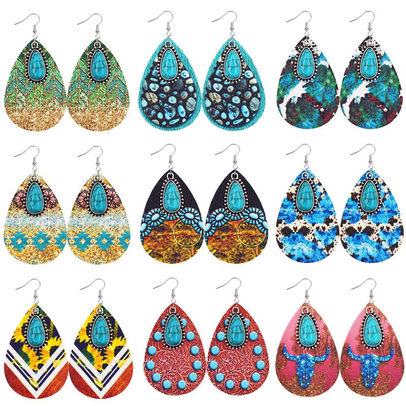 1 Pair Retro Sunflower Color Block Water Droplets Pu Leather Inlay Turquoise Women's Chandelier Earrings
