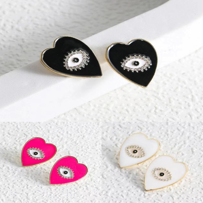 1 Pair Fashion Heart Shape Eye Alloy Enamel Plating Inlay Rhinestones Women's Ear Studs