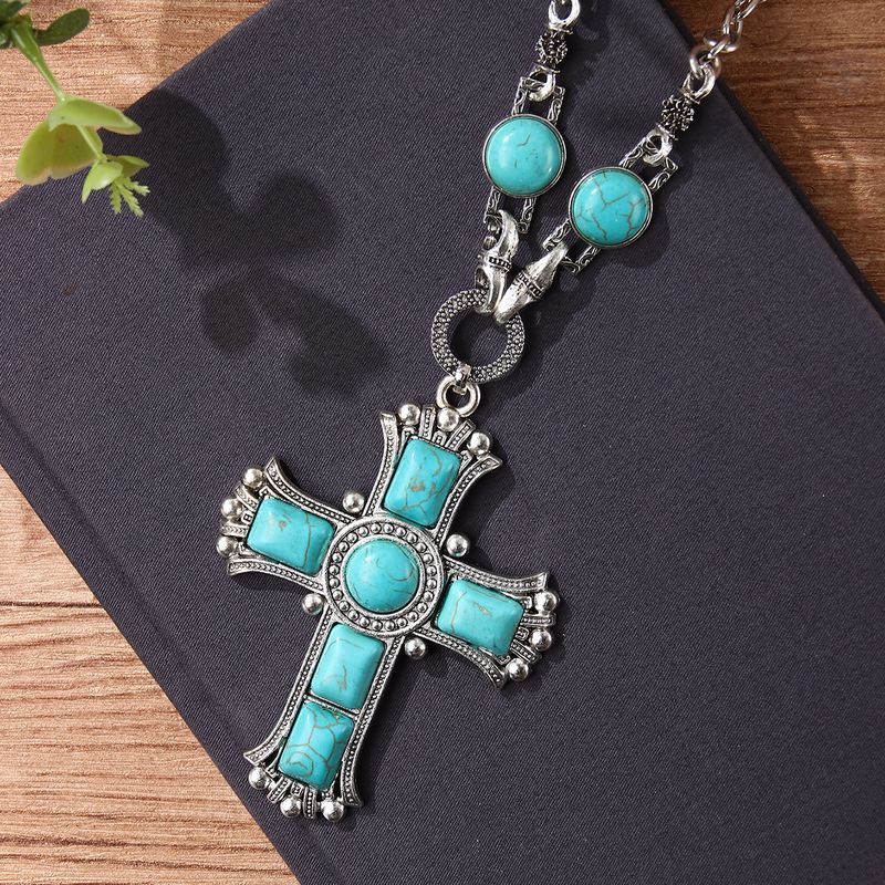 Retro Cross Alloy Hollow Out Inlay Turquoise Unisex Sweater Chain