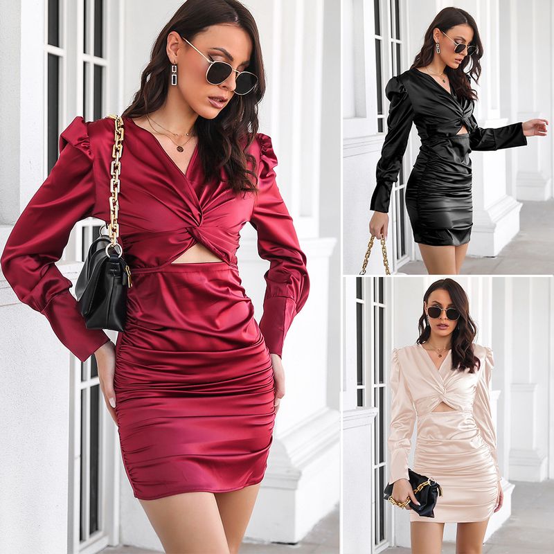 Women's Pencil Skirt Fashion V Neck Pleated Long Sleeve Solid Color Short Mini Dress Daily