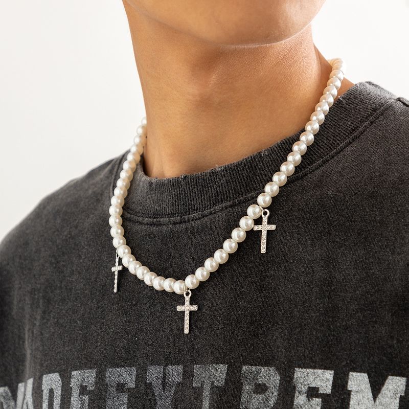 1 Stück Mode Kreuzen Imitationsperle Legierung Inlay Strasssteine Männer Halskette