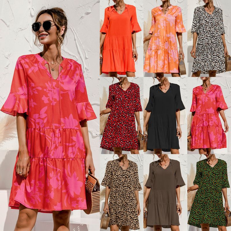 Women's Tiered Skirt Streetwear V Neck Printing Patchwork Short Sleeve Printing Midi Dress