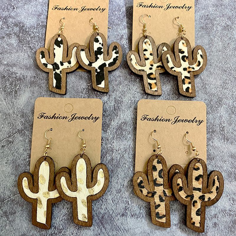 Wholesale Jewelry 1 Pair Streetwear Cactus Leopard Wood Drop Earrings