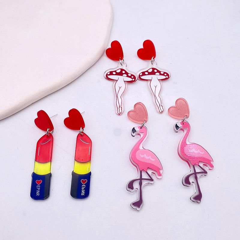 Wholesale Jewelry 1 Pair Cute Lipstick Flamingo Heart Shape Arylic Drop Earrings