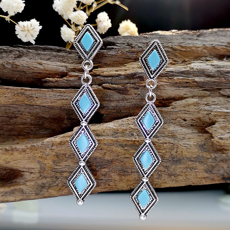 Wholesale Jewelry 1 Pair Classical Ethnic Style Rhombus Metal Turquoise Silver Plated Drop Earrings