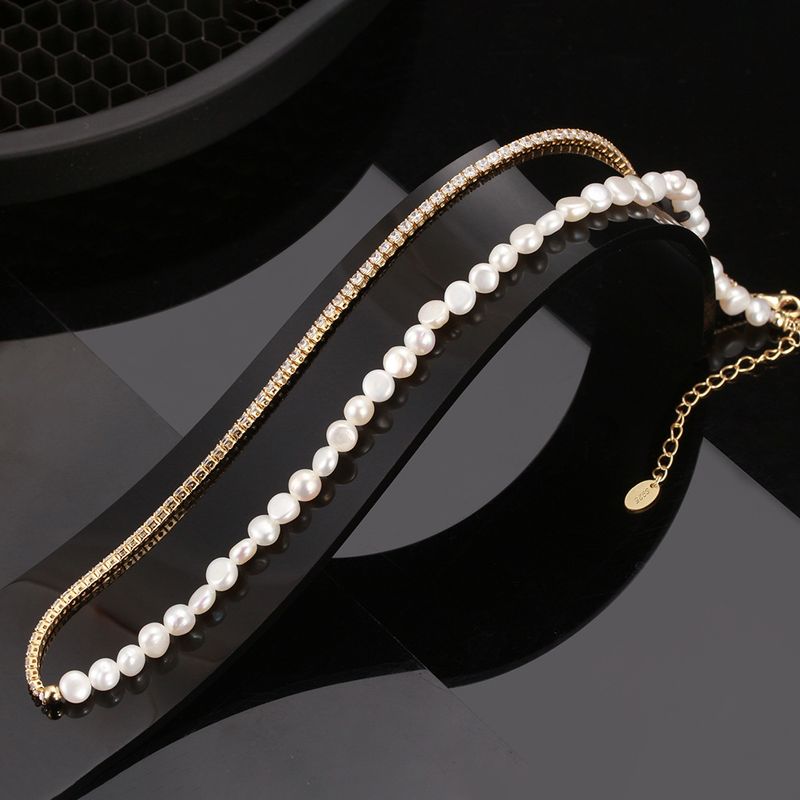 Elegant Geometric Freshwater Pearl Sterling Silver Inlay Zircon Necklace