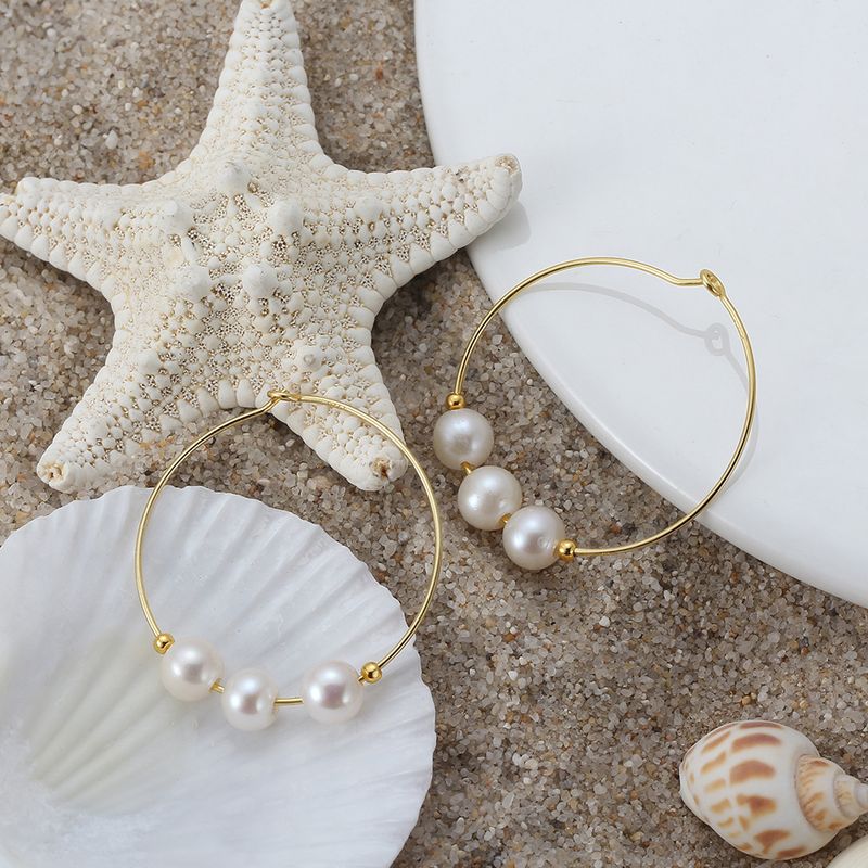 1 Paar Einfacher Stil Kreis Süßwasser Perle Sterling Silber Überzug Hoop Ohrringe