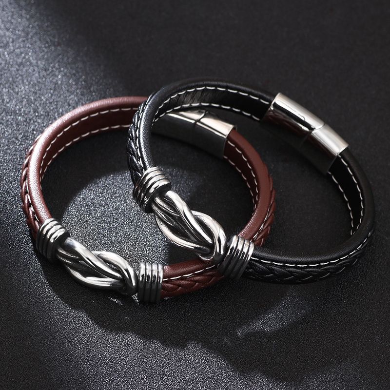 Hip-hop Solid Color Stainless Steel Pu Leather Men's Bangle