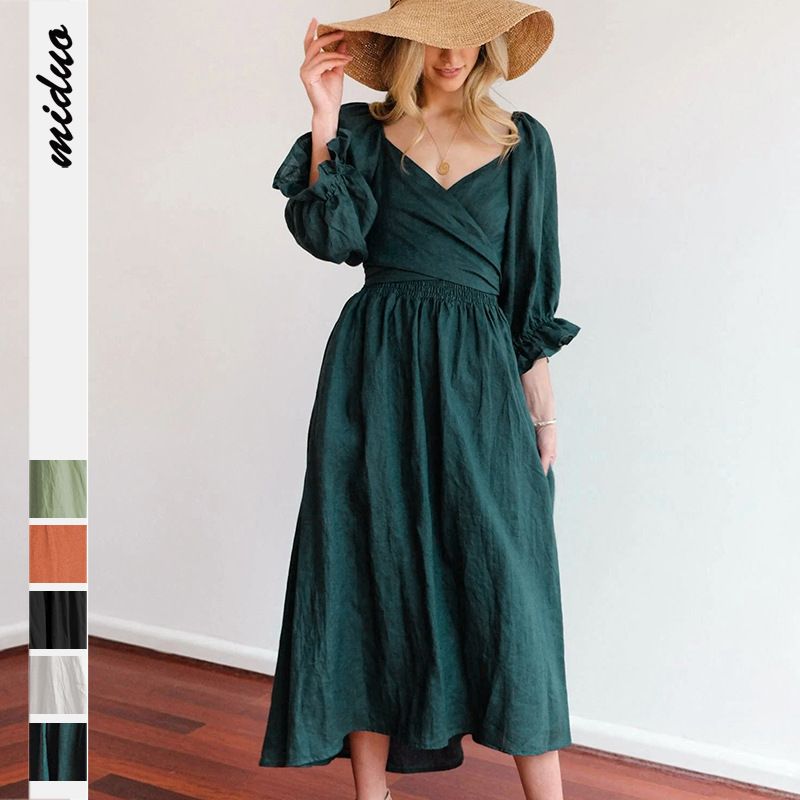 Women's Ruffled Skirt Streetwear V Neck Ruffles 3/4 Length Sleeve Solid Color Midi Dress Holiday