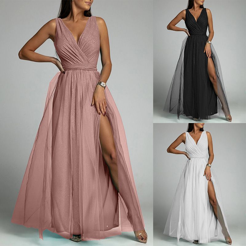 Sexy Solid Color V Neck Sleeveless Slit Spandex Polyester Maxi Long Dress Swing Dress