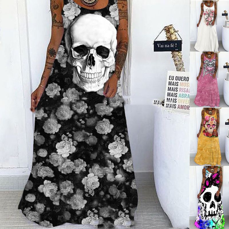 Women's Regular Dress Punk U Neck Printing Flower Skull Maxi Long Dress Holiday Street
