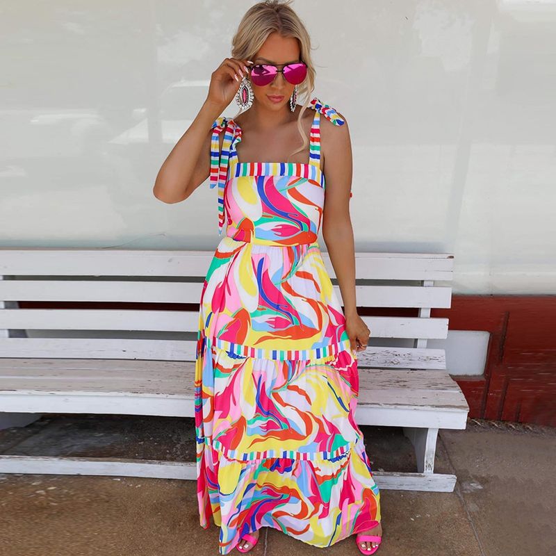 Women's Swing Dress Casual Square Neck Printing Patchwork Sleeveless Printing Maxi Long Dress Daily
