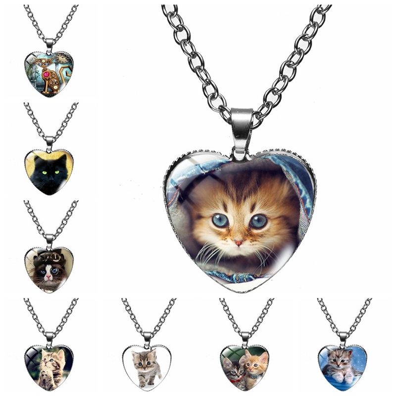 Cute Heart Shape Cat Glass Glass Plating Women's Pendant Necklace