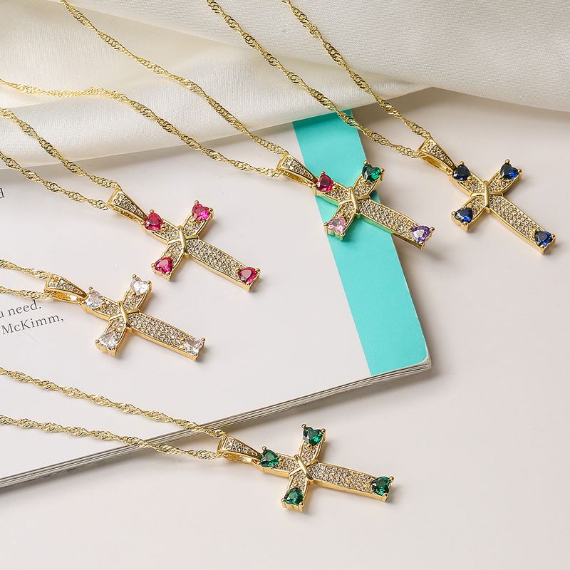 Ins-stil Kreuzen Kupfer Überzug Inlay Zirkon 18 Karat Vergoldet Halskette Mit Anhänger