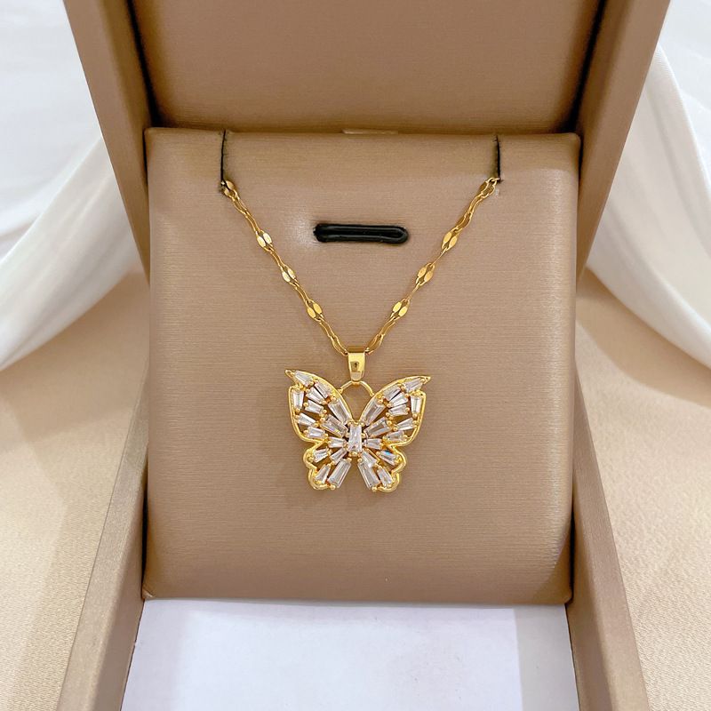Stainless Steel Copper Elegant Inlay Butterfly Zircon Pendant Necklace
