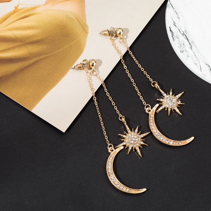 Wholesale Jewelry 1 Pair Shiny Star Moon Alloy Artificial Diamond Drop Earrings
