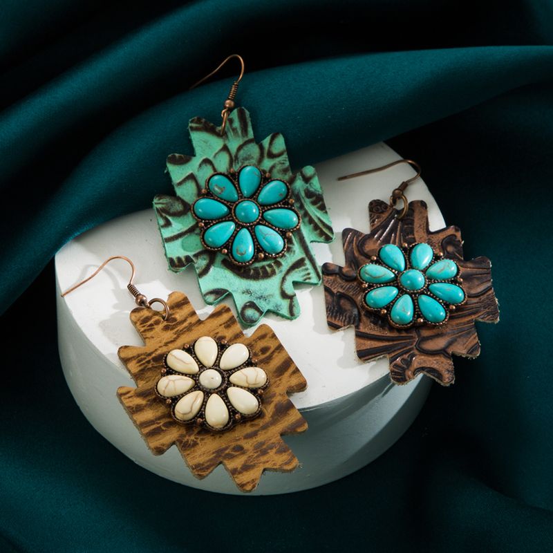 Wholesale Jewelry 1 Pair Ethnic Style Flower Leather Turquoise Drop Earrings