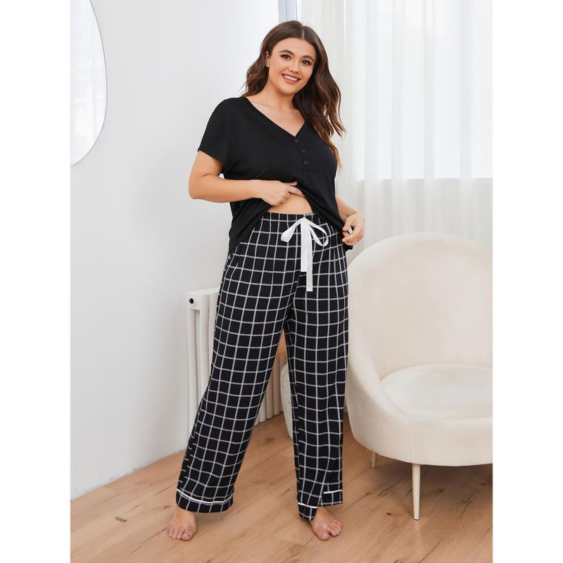 Simple Style Lattice Artificial Cotton Spandex Polyester Pajamas Pants Sets