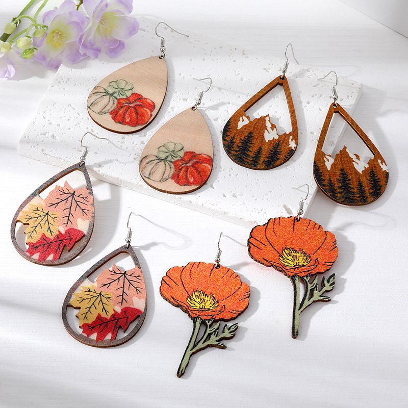 Wholesale Jewelry 1 Pair Retro Pastoral Leaves Flower Wood Resin Drop Earrings