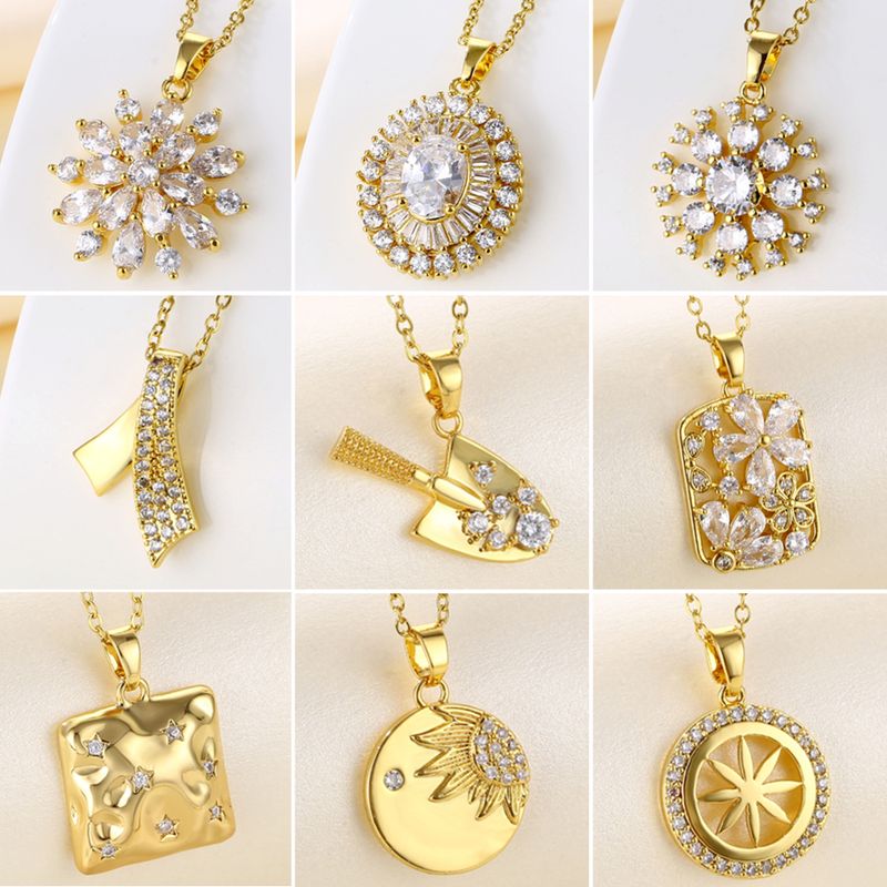 Stainless Steel Titanium Steel 18K Gold Plated Artistic Plating Inlay Geometric Circle Flower Zircon Pendant Necklace
